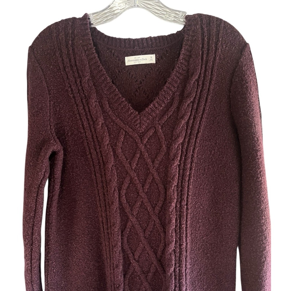 Abercrombie & Fitch Sz M Sweater Dress Cable Knit Maroon V Neck LS Fall‎ - Picture 2 of 12